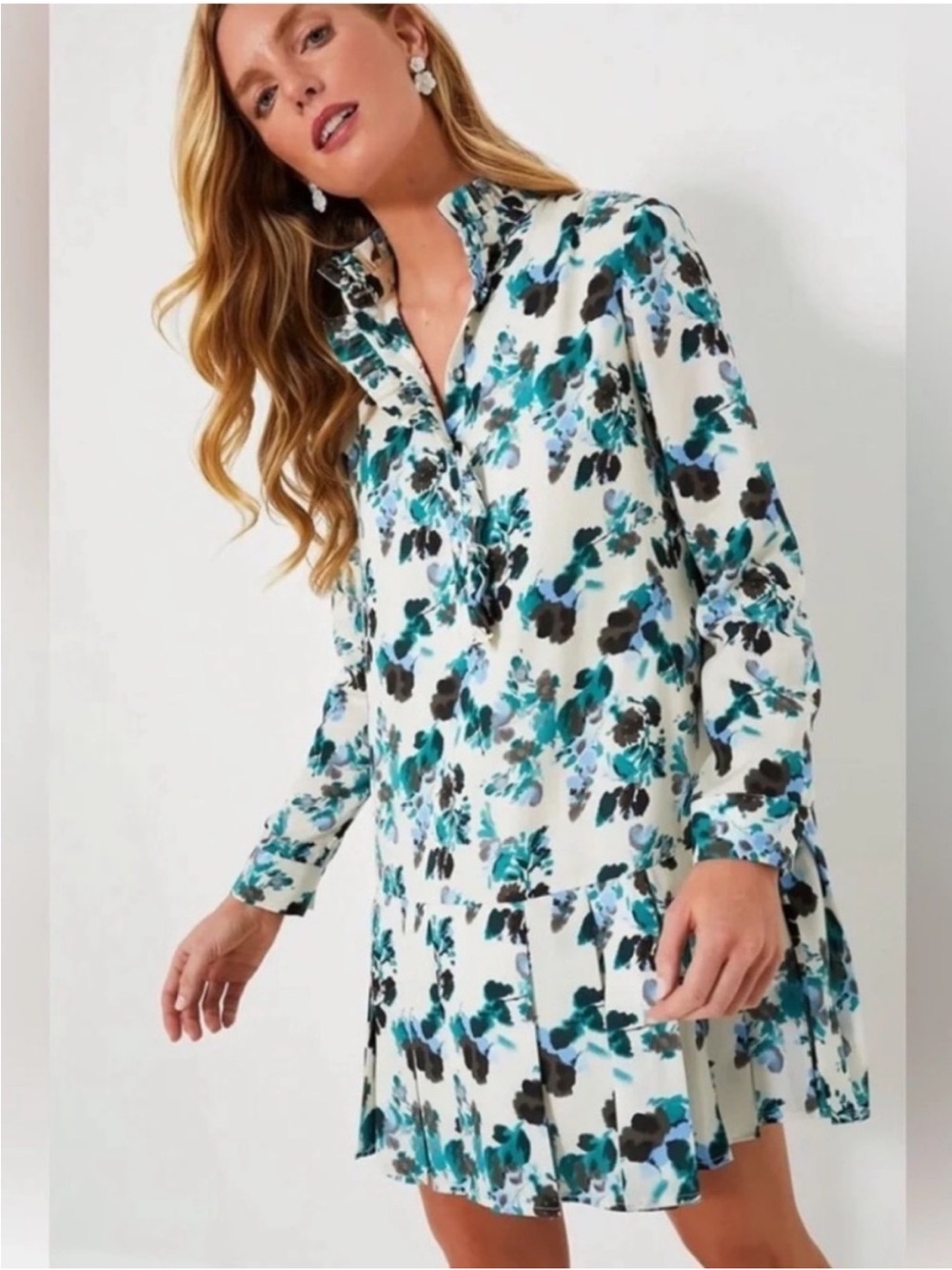 Tuckernuck Teal, Black & White Floral Long-Sleeve Tiered Dress